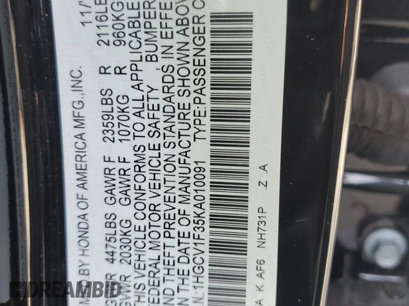 2019 Honda Accord Sport with VIN 1HGCV1F35KA010091, listed as a Copart auction lot 54099245 with 102,958 mi miles and Salvage Title. Bid and sale history available at DreamBid. Image 12.
