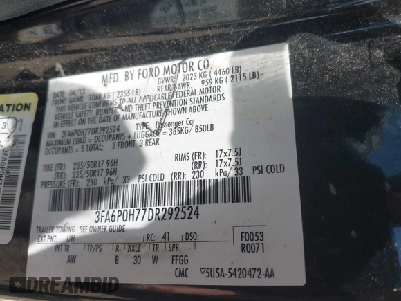 2013 Ford Fusion SE z VIN 3FA6P0H77DR292524, wystawiony jako IAAI lot #42780353 z przebiegiem 187 329 mil mil oraz . Historia ofert i sprzedaży dostępna na DreamBid. Obrazek 9.