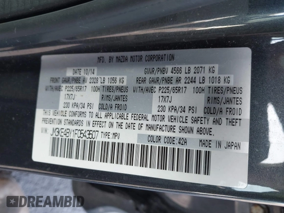 2015 Mazda CX-5 Sport with VIN JM3KE4BY1F0543507, listed as a IAAI auction lot 41530491 with 127,995 mi miles. Bid and sale history available at carsss.com. Image 9.