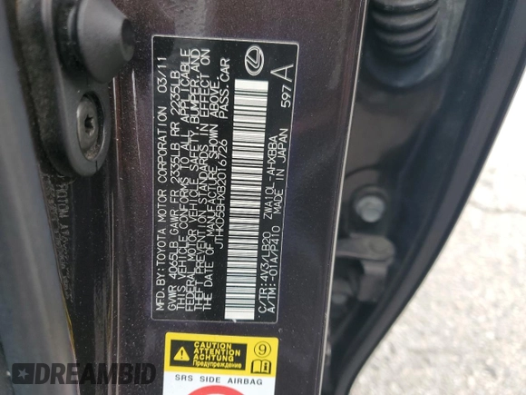 2011 Lexus CT 200h with VIN JTHKD5BHXB2016726, listed as a Copart auction lot 54628455 with 189,212 mi miles and Salvage title. Bid and sale history available at DreamBid. Image 12.