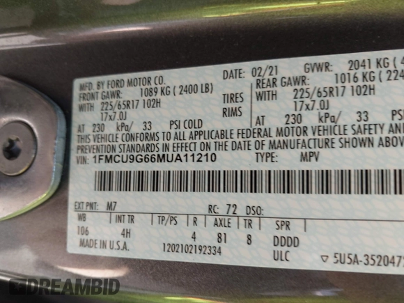 2021 Ford Escape SE z VIN 1FMCU9G66MUA11210, wystawiony jako IAAI lot #42205135 z przebiegiem 35 165 mil mil oraz . Historia ofert i sprzedaży dostępna na DreamBid. Obrazek 9.