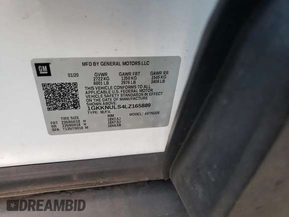 2020 GMC Acadia SLT with VIN 1GKKNULS4LZ165889, listed as a Copart auction lot 63130585 with 39,254 mi miles and Salvage title. Bid and sale history available at DreamBid. Image 13.