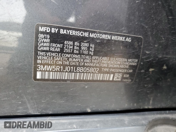 2020 BMW 3 Series 330i with VIN 3MW5R1J01L8B05802, listed as a Copart auction lot 52021825 with 86,214 mi miles and Salvage title. Bid and sale history available at DreamBid. Image 12.