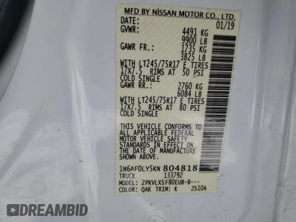2019 Nissan NV Cargo SV z VIN 1N6AF0LY5KN804818, wystawiony jako Copart lot #46270265 z przebiegiem Nie podano mil oraz Szkody całkowita. Historia ofert i sprzedaży dostępna na DreamBid. Obrazek 15.