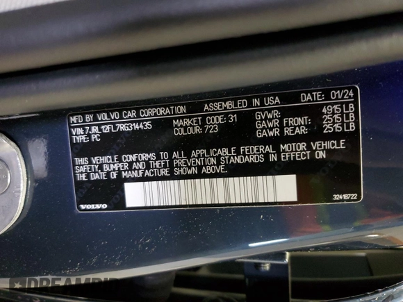 2024 Volvo S60 Plus Dark Theme z VIN 7JRL12FL7RG314435, wystawiony jako Copart lot #52197045 z przebiegiem 6 664 mil mil oraz Szkoda całkowita • Salvage title. Historia ofert i sprzedaży dostępna na DreamBid. Obrazek 14.