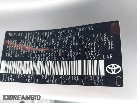 2025 Toyota Corolla LE z VIN 5YFB4MDE9SP257774, wystawiony jako IAAI lot #42480925 z przebiegiem 20 113 mil mil oraz . Historia ofert i sprzedaży dostępna na DreamBid. Obrazek 9.
