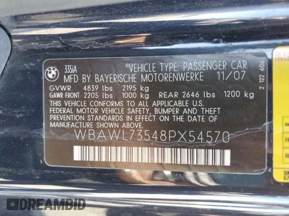2008 BMW 3 Series 335i z VIN WBAWL73548PX54570, wystawiony jako Copart lot #54993625 z przebiegiem 159 225 mil mil oraz Szkoda całkowita • Salvage title. Historia ofert i sprzedaży dostępna na DreamBid. Obrazek 12.
