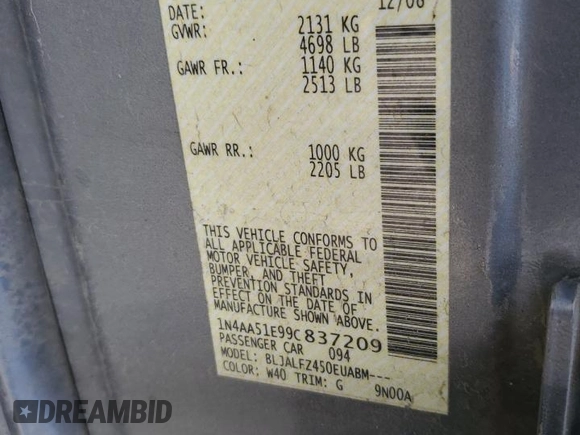 2009 Nissan Maxima S с VIN 1N4AA51E99C837209, выставлен на аукционе Copart как лот 61624435 с пробегом 160 869 миль миль и Списание • Salvage title. История ставок и продаж доступна на DreamBid. Изображение 13.