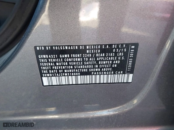 2015 Volkswagen Jetta Sedan 1.8T Sport with VIN 3VWD17AJ2FM318669, listed as a IAAI auction lot 41266868 with 124,539 mi miles. Bid and sale history available at carsss.com. Image 9.
