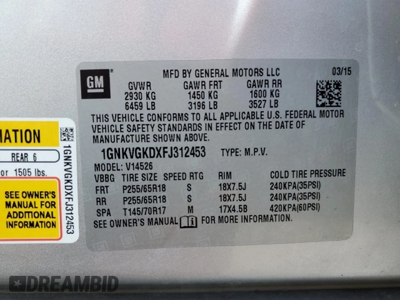 2015 Chevrolet Traverse LT with VIN 1GNKVGKDXFJ312453, listed as a Copart auction lot 45492385 with 135,295 mi miles and Salvage Title. Bid and sale history available at DreamBid. Image 12.