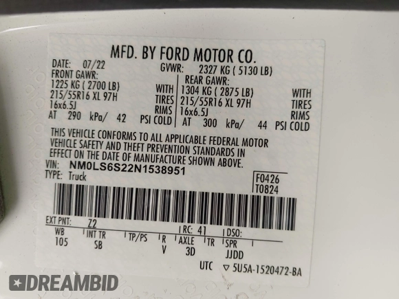 2022 Ford Transit Connect XL with VIN NM0LS6S22N1538951, listed as a IAAI auction lot 42555234 with 59,885 mi miles and . Bid and sale history available at DreamBid. Image 9.