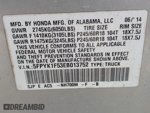 2014 Honda Ridgeline RTL with VIN 5FPYK1F53EB013752, listed as a IAAI auction lot 41886851 with 89,038 mi miles and . Bid and sale history available at DreamBid. Image 9.