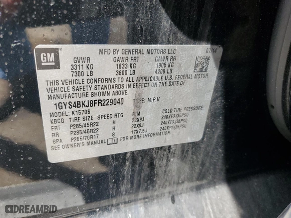 2015 Cadillac Escalade Luxury with VIN 1GYS4BKJ8FR229040, listed as a Copart auction lot 58475784 with 0 mi miles and Salvage Title. Bid and sale history available at carsss.com. Image 13.
