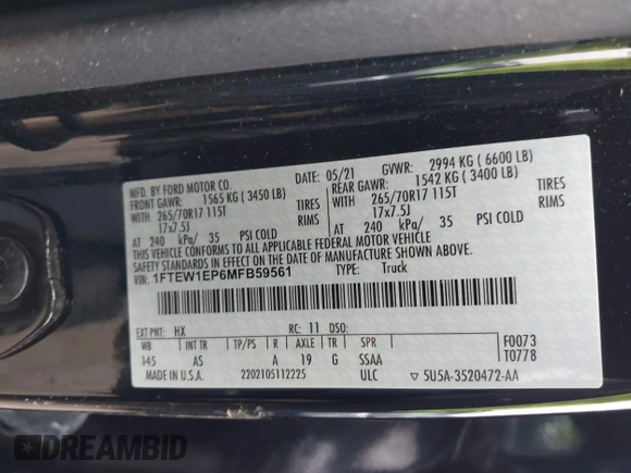 2021 Ford F-150 XL with VIN 1FTEW1EP6MFB59561, listed as a IAAI auction lot 41598532 with 68,662 mi miles and . Bid and sale history available at DreamBid. Image 9.