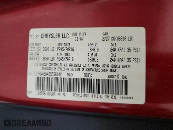 2008 Dodge Dakota SLT z VIN 1D7HW48N48S536142, wystawiony jako Copart lot #86348544 z przebiegiem 238 800 mil mil oraz Szkoda całkowita • Salvage title. Historia ofert i sprzedaży dostępna na DreamBid. Obrazek 12.