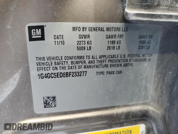 2011 Buick LaCrosse CXL with VIN 1G4GC5ED8BF233277, listed as a Copart auction lot 53104915 with 172,087 mi miles and Salvage Title. Bid and sale history available at carsss.com. Image 12.