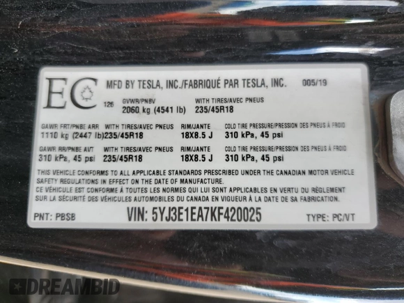 2019 Tesla Model 3 Mid Range z VIN 5YJ3E1EA7KF420025, wystawiony jako Copart lot #56149015 z przebiegiem 253 771 mil mil oraz Szkoda całkowita • Salvage title. Historia ofert i sprzedaży dostępna na DreamBid. Obrazek 12.