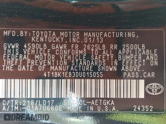 2013 Toyota Avalon XLE with VIN 4T1BK1EB3DU015055, listed as a IAAI auction lot 42086950 with 102,652 mi miles and . Bid and sale history available at DreamBid. Image 9.