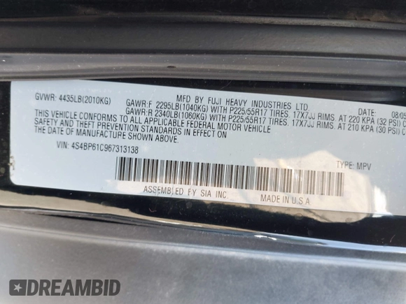 2006 Subaru Legacy Outback z VIN 4S4BP61C967313138, wystawiony jako IAAI lot #41978164 z przebiegiem 113 773 mil mil oraz . Historia ofert i sprzedaży dostępna na DreamBid. Obrazek 9.