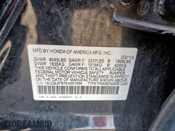 2019 Acura ILX Premium with VIN 19UDE2F87KA007666, listed as a Copart auction lot 61097745 with 208,813 mi miles and Salvage title. Bid and sale history available at DreamBid. Image 12.