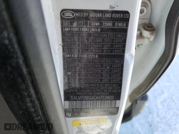 2013 Land Rover Range Rover Evoque Pure Plus с VIN SALVP2BGXDH753803, выставлен на аукционе Copart как лот 42528945 с пробегом Не указан миль и Списание • Salvage title. История ставок и продаж доступна на DreamBid. Изображение 12.