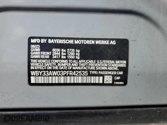 2023 BMW i4 M50 z VIN WBY33AW03PFR42535, wystawiony jako Copart lot #51499445 z przebiegiem 15 248 mil mil oraz Szkoda całkowita • Salvage title. Historia ofert i sprzedaży dostępna na DreamBid. Obrazek 14.