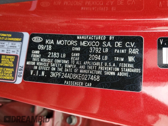2019 Kia Forte LXS with VIN 3KPF24AD8KE027468, listed as a Copart auction lot 49697035 with 69,471 mi miles and Salvage Title. Bid and sale history available at DreamBid. Image 14.