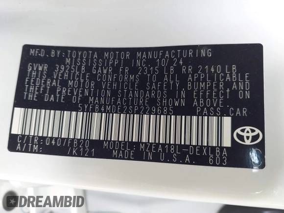 2025 Toyota Corolla LE z VIN 5YFB4MDE2SP229685, wystawiony jako IAAI lot #42083388 z przebiegiem 2 655 mil mil oraz . Historia ofert i sprzedaży dostępna na DreamBid. Obrazek 9.