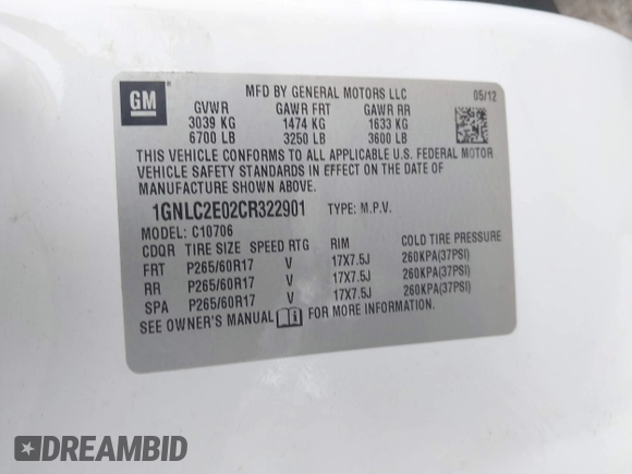 2012 Chevrolet Tahoe Commercial with VIN 1GNLC2E02CR322901, listed as a IAAI auction lot 42679887 with 251,794 mi miles and . Bid and sale history available at DreamBid. Image 9.