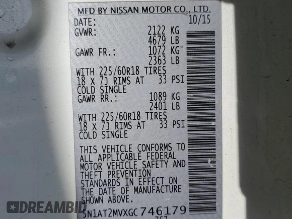 2016 Nissan Rogue SL with VIN 5N1AT2MVXGC746179, listed as a Copart auction lot 48053725 with 99,354 mi miles and Salvage Title. Bid and sale history available at DreamBid. Image 12.
