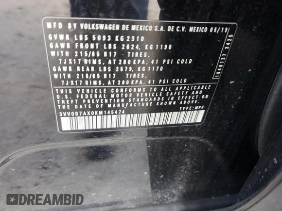2019 Volkswagen Tiguan S z VIN 3VV0B7AX0KM145474, wystawiony jako Copart lot #56061755 z przebiegiem 71 101 mil mil oraz Szkoda całkowita • Salvage title. Historia ofert i sprzedaży dostępna na DreamBid. Obrazek 14.