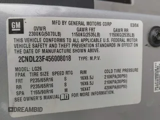 2005 Chevrolet Equinox LS with VIN 2CNDL23F456008018, listed as a IAAI auction lot 41774232 with 1 mi miles. Bid and sale history available at carsss.com. Image 9.