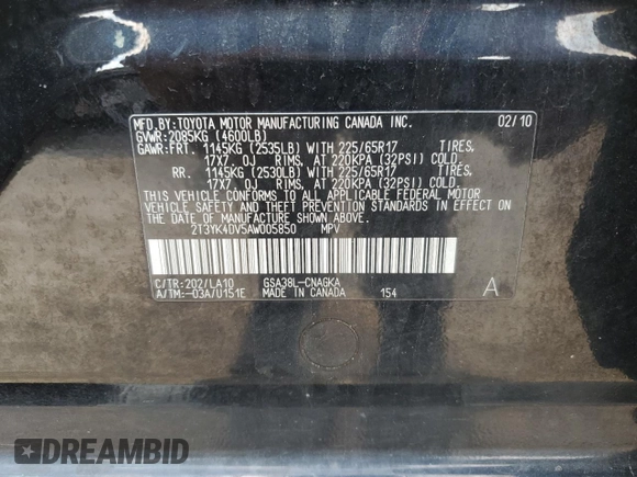 2010 Toyota RAV4 Limited with VIN 2T3YK4DV5AW005850, listed as a Copart auction lot 59100235 with 153,073 mi miles and Salvage title. Bid and sale history available at DreamBid. Image 13.