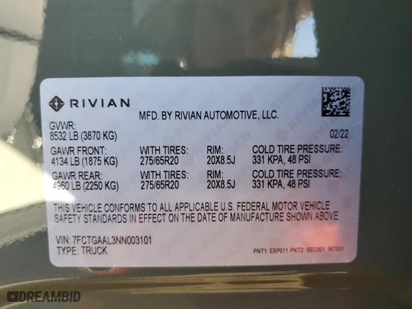 2022 Rivian R1T Launch Edition with VIN 7FCTGAAL3NN003101, listed as a Copart auction lot 85602634 with 17,189 mi miles and Salvage Title. Bid and sale history available at carsss.com. Image 12.