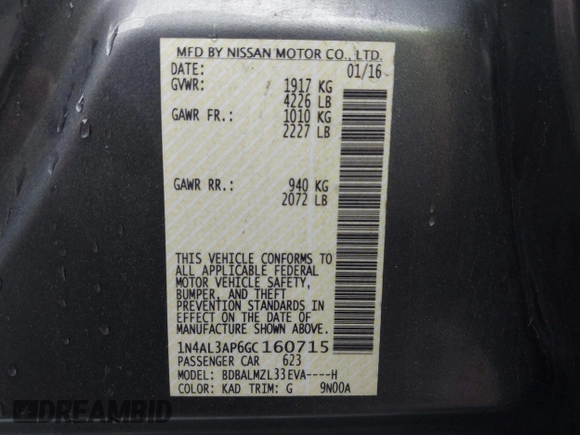 2016 Nissan Altima S with VIN 1N4AL3AP6GC160715, listed as a IAAI auction lot 41929362 with 50,064 mi miles and . Bid and sale history available at DreamBid. Image 9.