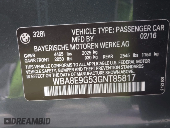 2016 BMW 3 Series 328i z VIN WBA8E9G53GNT85817, wystawiony jako IAAI lot #41765637 z przebiegiem 130 719 mil mil oraz . Historia ofert i sprzedaży dostępna na DreamBid. Obrazek 9.