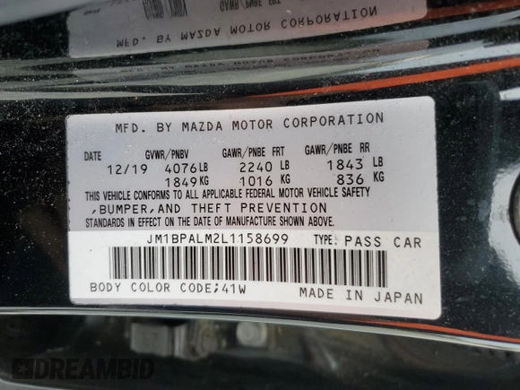 2020 Mazda 3 with VIN JM1BPALM2L1158699, listed as a Copart auction lot 53919195 with 60,401 mi miles and Salvage title. Bid and sale history available at DreamBid. Image 12.