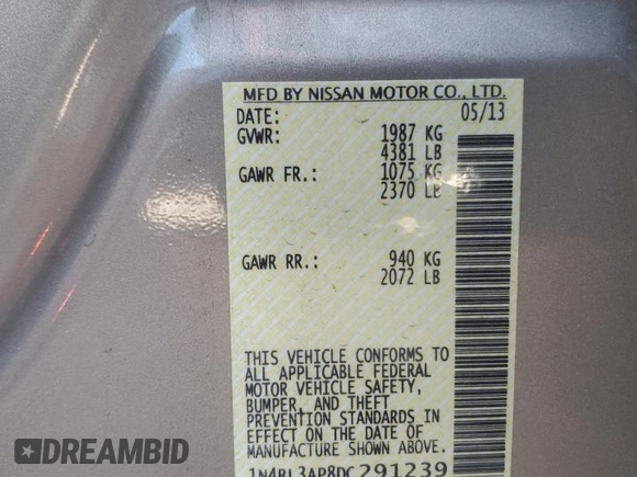 2013 Nissan Altima SV with VIN 1N4BL3AP8DC291239, listed as a Copart auction lot 84861854 with 122,799 mi miles and Salvage Title. Bid and sale history available at carsss.com. Image 12.