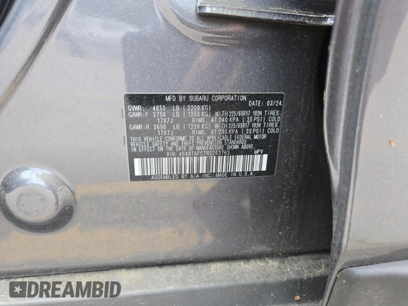 2024 Subaru Outback Premium with VIN 4S4BTAFC7R3263763, listed as a IAAI auction lot 42774215 with 31,375 mi miles and . Bid and sale history available at DreamBid. Image 6.