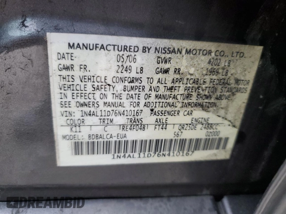 2006 Nissan Altima S with VIN 1N4AL11D76N410167, listed as a Copart auction lot 48868675 with 205,124 mi miles and Non repairable. Bid and sale history available at DreamBid. Image 14.