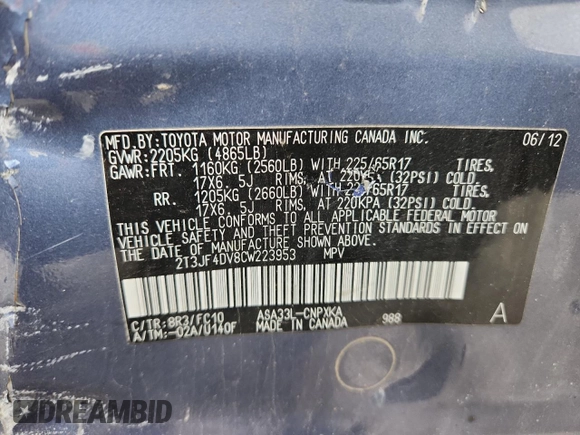 2012 Toyota RAV4 with VIN 2T3JF4DV8CW223953, listed as a Copart auction lot 65202255 with 189,097 mi miles and Non repairable. Bid and sale history available at DreamBid. Image 12.