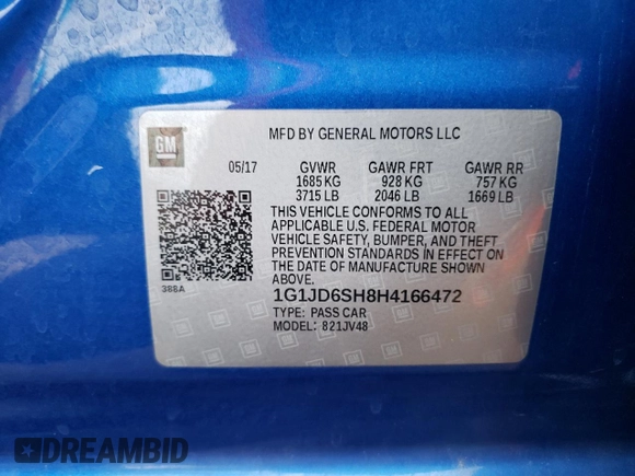 2017 Chevrolet Sonic LT with VIN 1G1JD6SH8H4166472, listed as a Copart auction lot 72593214 with 29,297 mi miles and Salvage Title. Bid and sale history available at carsss.com. Image 12.