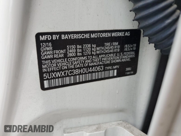 2017 BMW X3 xDrive35i with VIN 5UXWX7C38H0U44063, listed as a Copart auction lot 44501435 with 78,302 mi miles and Salvage Title. Bid and sale history available at DreamBid. Image 13.