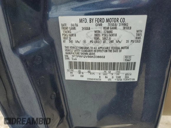 2006 Ford F-150 XLT z VIN 1FTPW12V56KD38602, wystawiony jako Copart lot #54866565 z przebiegiem 226 147 mil mil oraz Szkoda całkowita • Salvage title. Historia ofert i sprzedaży dostępna na DreamBid. Obrazek 12.