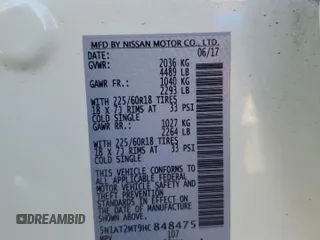 2017 Nissan Rogue SL z VIN 5N1AT2MT9HC848475, wystawiony jako Copart lot #57272765 z przebiegiem 81 296 mil mil oraz Szkoda całkowita • Salvage title. Historia ofert i sprzedaży dostępna na DreamBid. Obrazek 14.