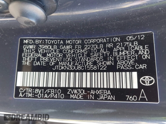 2012 Toyota Prius One with VIN JTDKN3DU8C1558122, listed as a IAAI auction lot 41951021 with 142,639 mi miles. Bid and sale history available at carsss.com. Image 9.