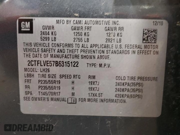2011 GMC Terrain SLT-1 with VIN 2CTFLVE57B6315122, listed as a Copart auction lot 52800115 with 134,620 mi miles and Clean title. Bid and sale history available at DreamBid. Image 13.