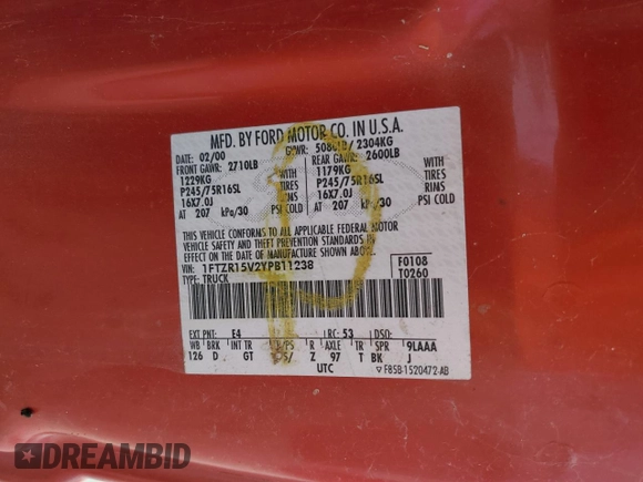 2000 Ford Ranger XL with VIN 1FTZR15V2YPB11238, listed as a Copart auction lot 53268035 with 154,107 mi miles and Clean Title. Bid and sale history available at DreamBid. Image 12.