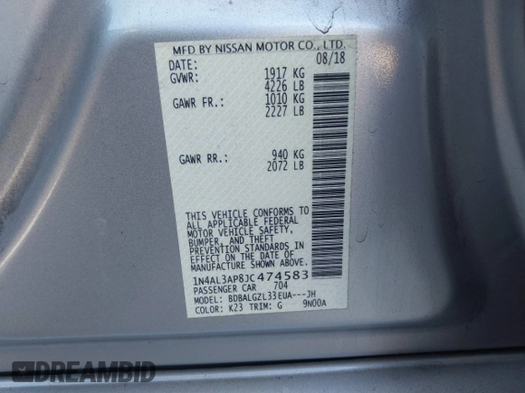 2018 Nissan Altima SR with VIN 1N4AL3AP8JC474583, listed as a IAAI auction lot 40923589 with 116,960 mi miles and . Bid and sale history available at DreamBid. Image 9.