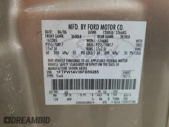 2006 Ford F-150 XL with VIN 1FTPW14V36FB59285, listed as a Copart auction lot 45317615 with 180,241 mi miles and Salvage Title. Bid and sale history available at carsss.com. Image 12.